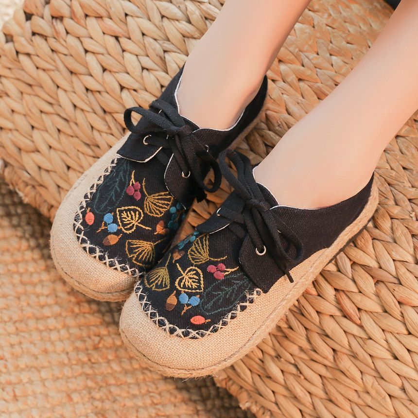 Slip-Ons Lace-Up Leaf Embroidered