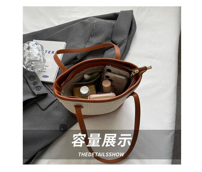 Sac seau tissé avec empiècement en similicuir