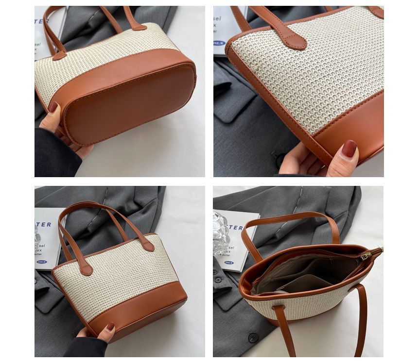 Sac seau tissé avec empiècement en similicuir