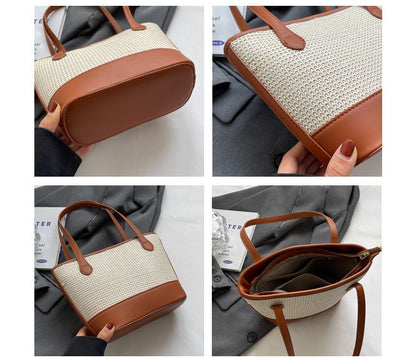 Sac seau tissé avec empiècement en similicuir