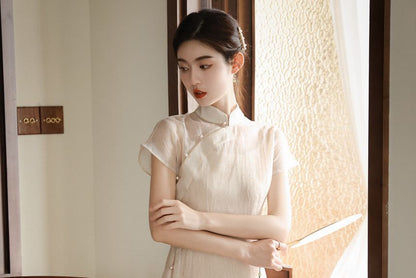 Set: Short-Sleeve Hanfu Long Top + Spaghetti Strap Plain Midi A-Line Dress