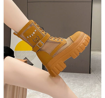 Platform Boots Studded Lace-Up Short Mesh Panel