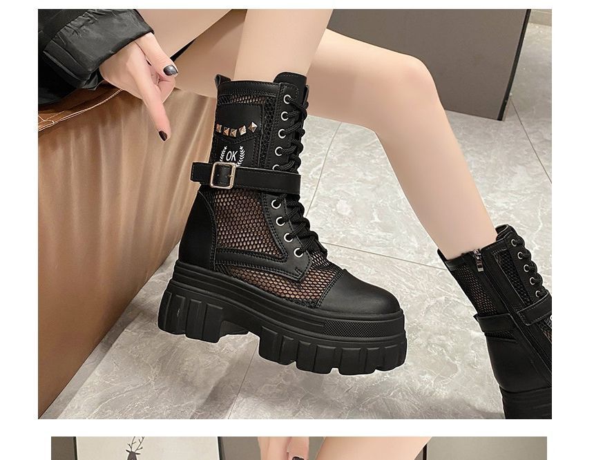 Platform Boots Studded Lace-Up Short Mesh Panel