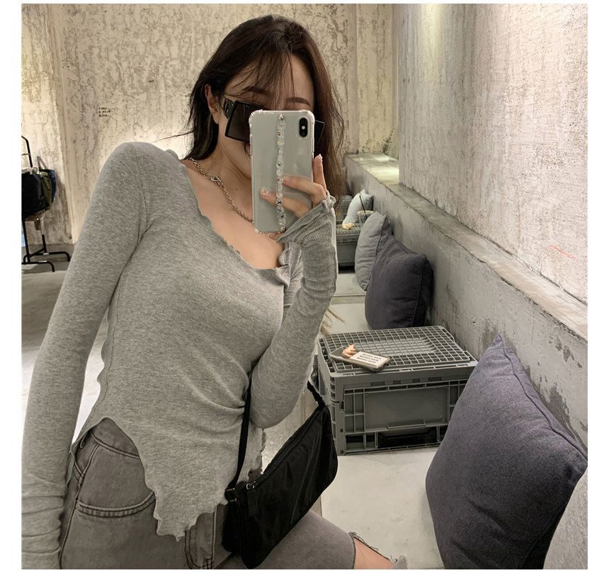 T-Shirt Lettuce Neck Scoop Long-Sleeve Edge Plain Slit