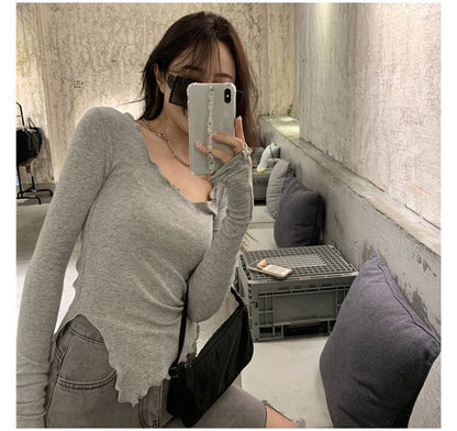 T-Shirt Lettuce Neck Scoop Long-Sleeve Edge Plain Slit