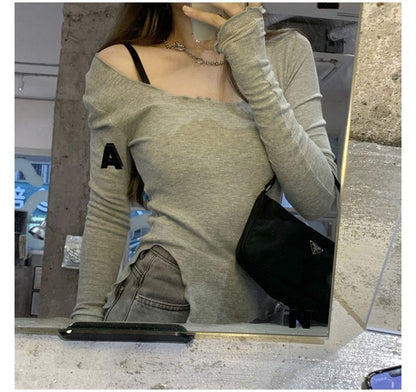 T-Shirt Lettuce Neck Scoop Long-Sleeve Edge Plain Slit