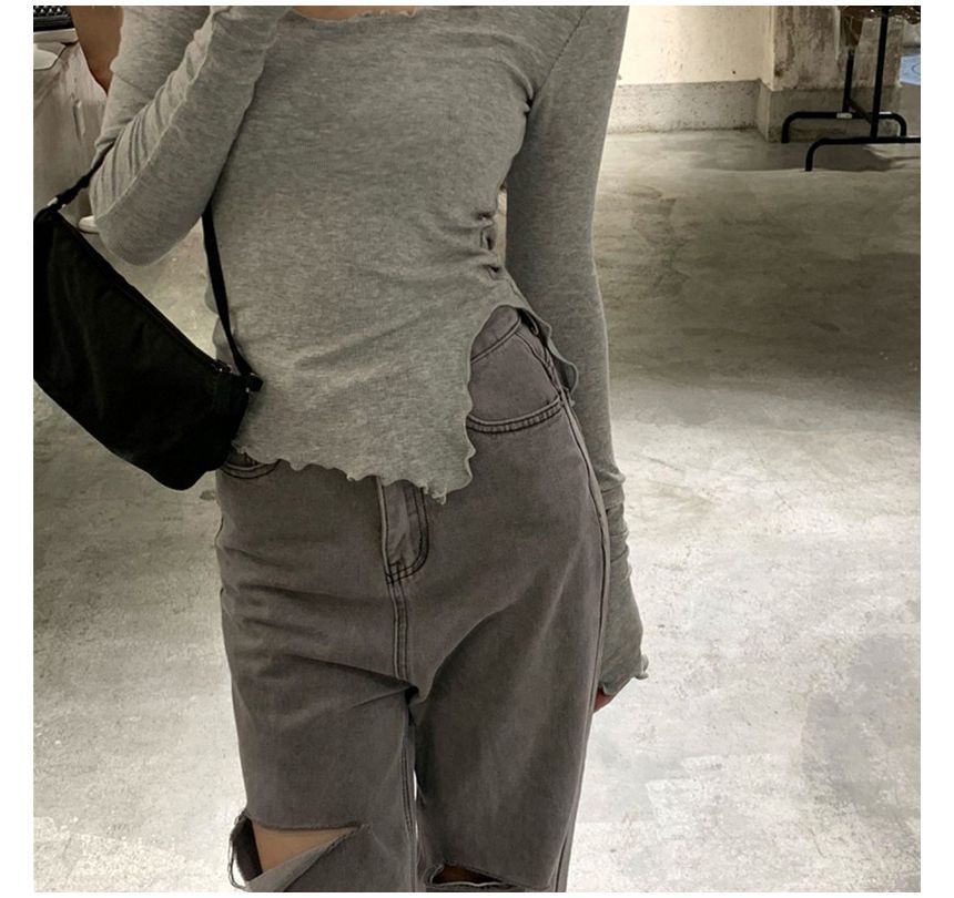 T-Shirt Lettuce Neck Scoop Long-Sleeve Edge Plain Slit