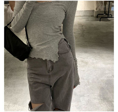 T-Shirt Lettuce Neck Scoop Long-Sleeve Edge Plain Slit