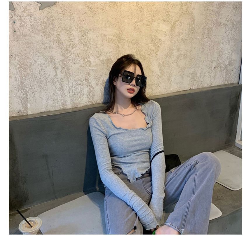 T-Shirt Lettuce Neck Scoop Long-Sleeve Edge Plain Slit