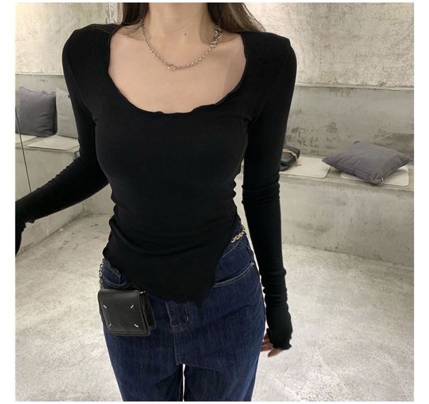 T-Shirt Lettuce Neck Scoop Long-Sleeve Edge Plain Slit