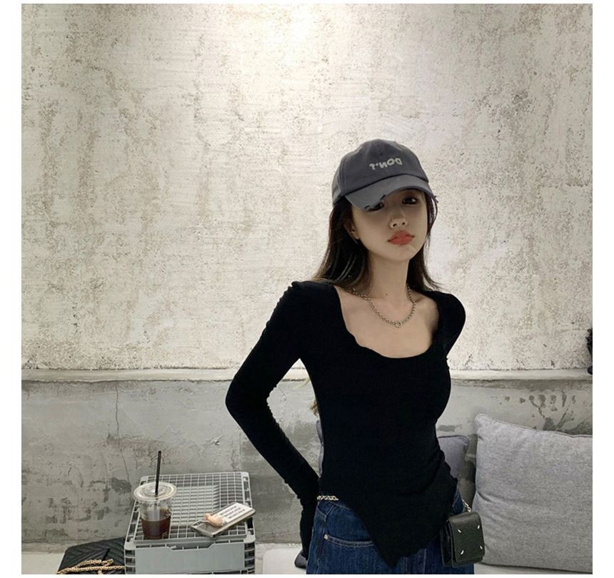 T-Shirt Lettuce Neck Scoop Long-Sleeve Edge Plain Slit