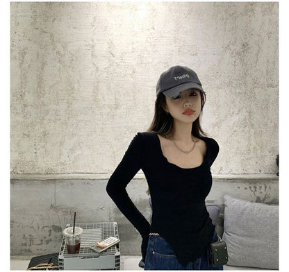 T-Shirt Lettuce Neck Scoop Long-Sleeve Edge Plain Slit