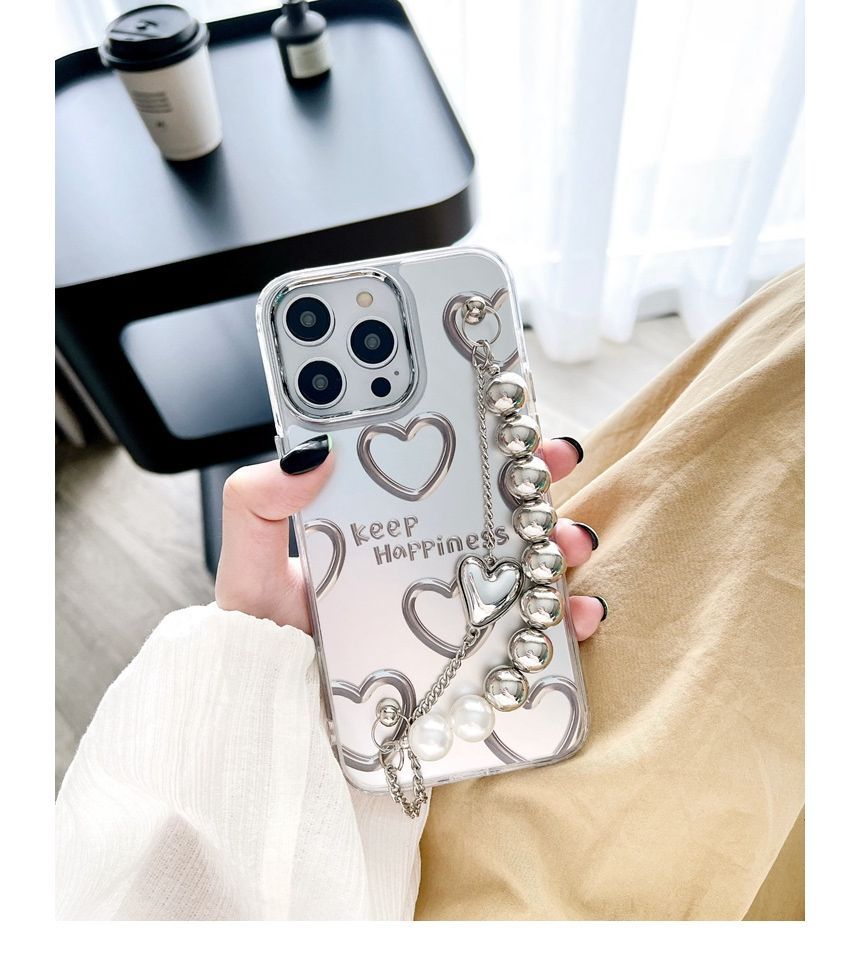 Bead Phone Chain Heart Print Case Faux