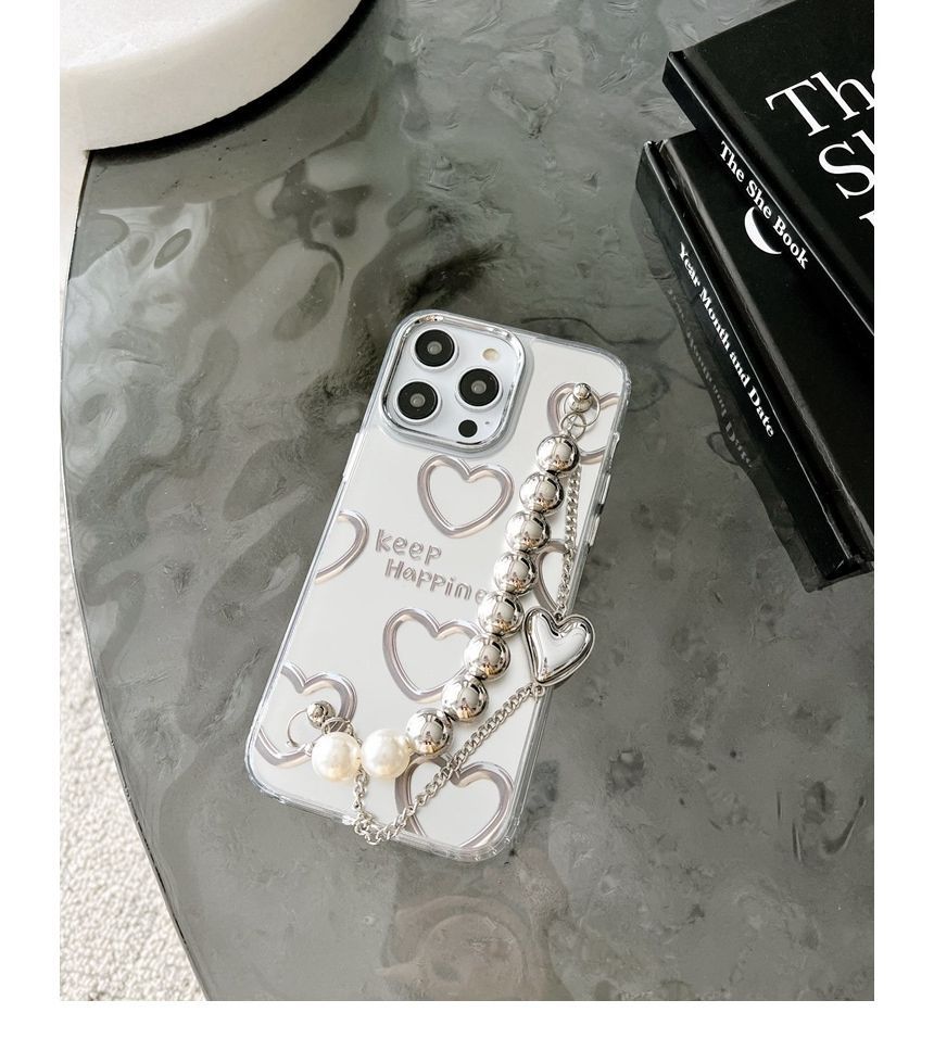 Bead Phone Chain Heart Print Case Faux