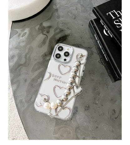 Bead Phone Chain Heart Print Case Faux