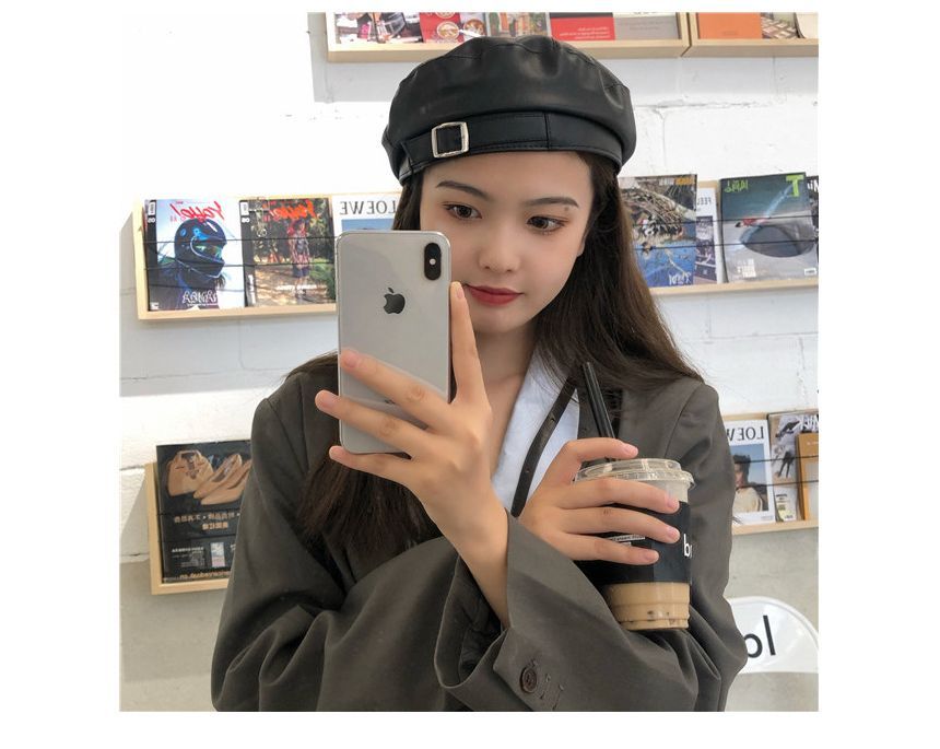 Faux Leather Buckled Beret