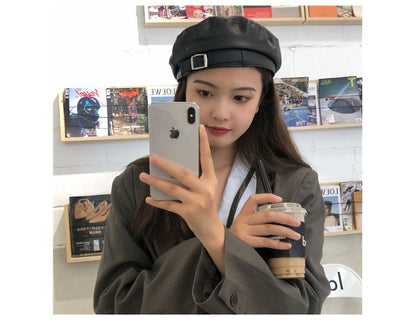 Faux Leather Buckled Beret
