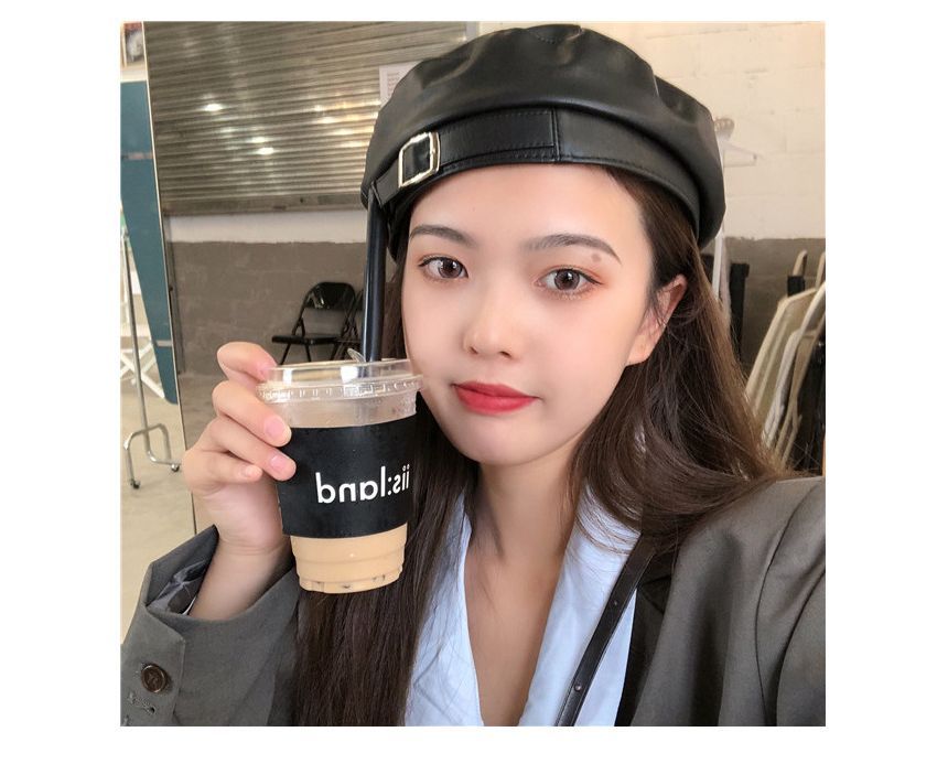 Faux Leather Buckled Beret