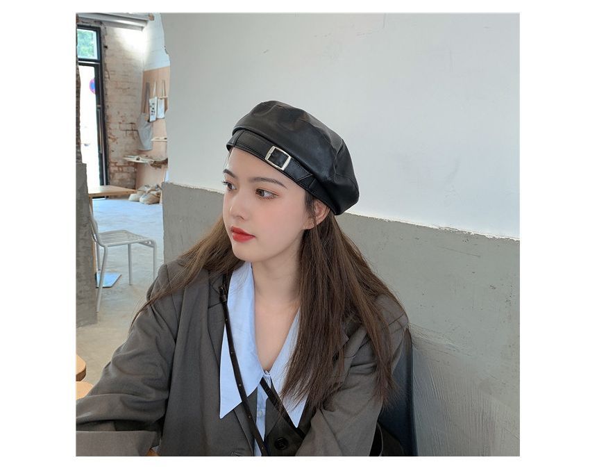 Faux Leather Buckled Beret