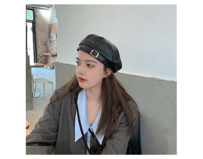 Faux Leather Buckled Beret