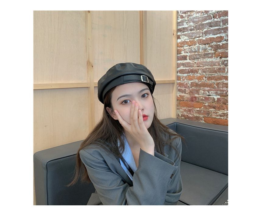 Faux Leather Buckled Beret