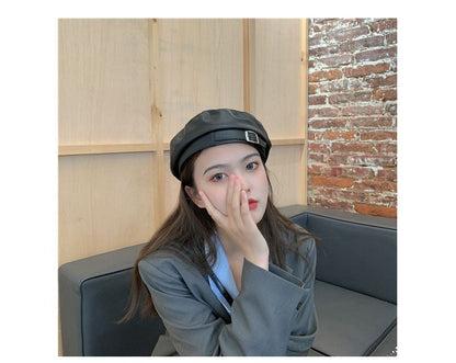 Faux Leather Buckled Beret