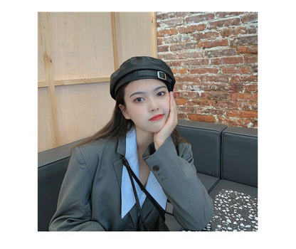 Faux Leather Buckled Beret