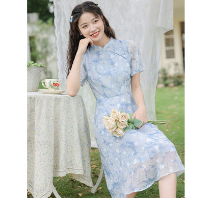 Short-Sleeve Band Collar  Floral Print Midi A-Line Dress