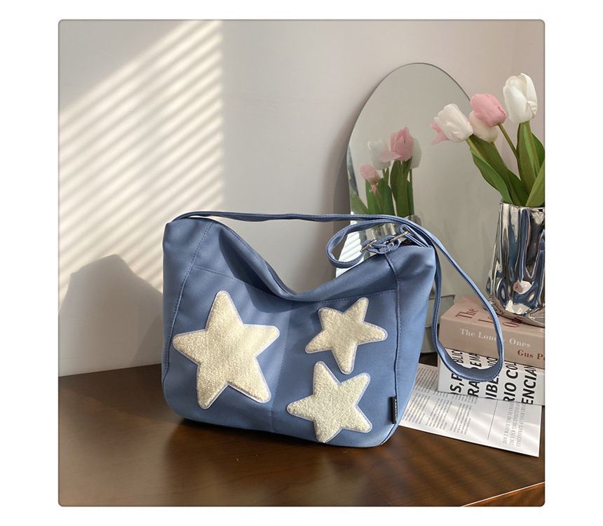 Star Applique Color Block Light Nylon Zipper Crossbody Bag