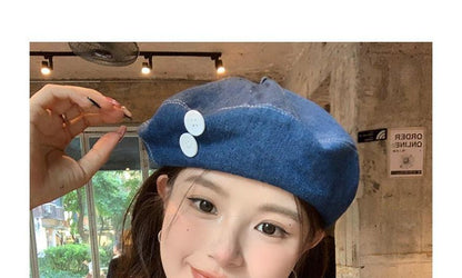 Button Washed Denim Beret