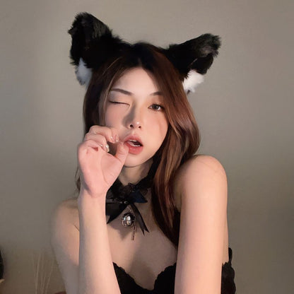 Cat Ear Chenille Headband / Lace Eye Mask / Set