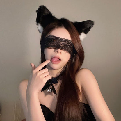 Cat Ear Chenille Headband / Lace Eye Mask / Set