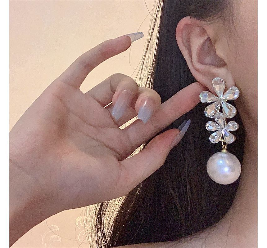 Drop Pearl Earring Flower Faux Rhinestone