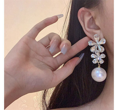 Drop Pearl Earring Flower Faux Rhinestone