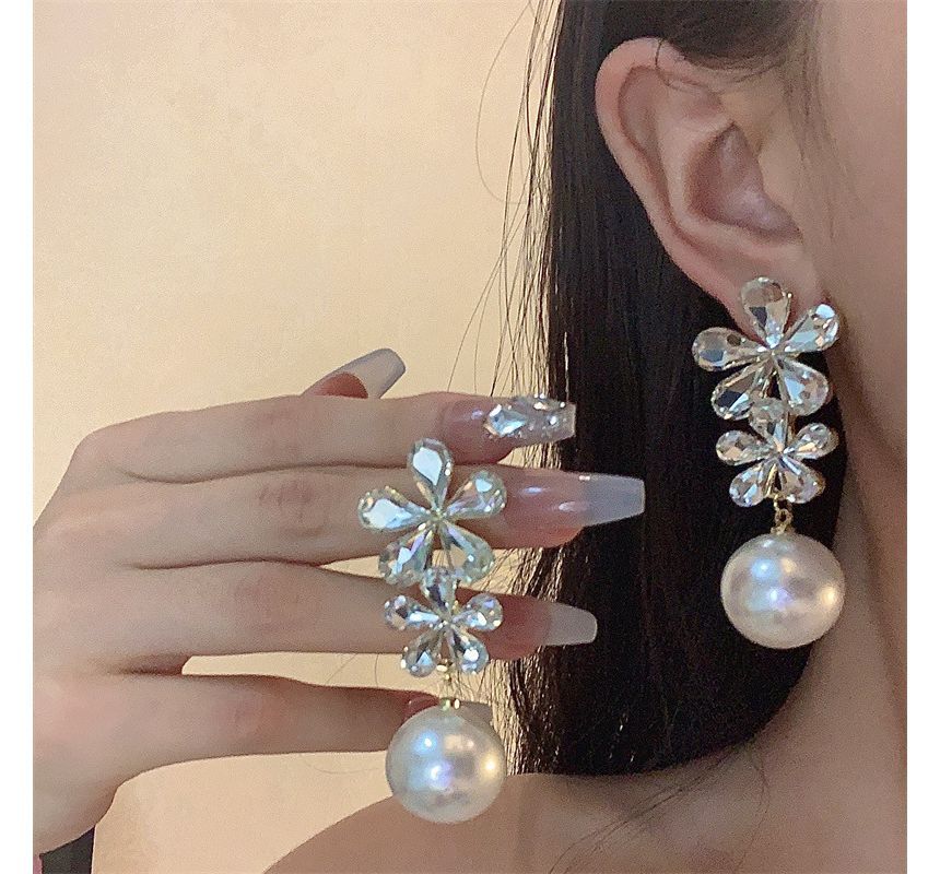 Drop Pearl Earring Flower Faux Rhinestone