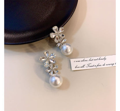Drop Pearl Earring Flower Faux Rhinestone