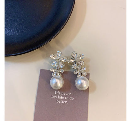 Drop Pearl Earring Flower Faux Rhinestone