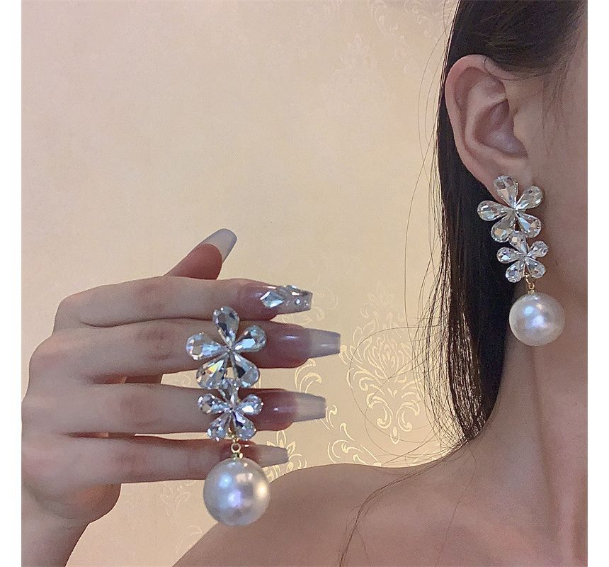 Drop Pearl Earring Flower Faux Rhinestone