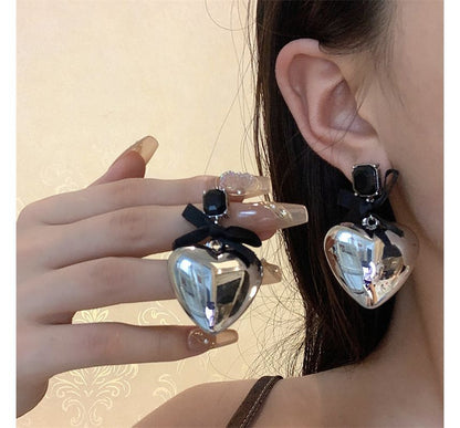 Earring Drop Rhinestone Heart Bow