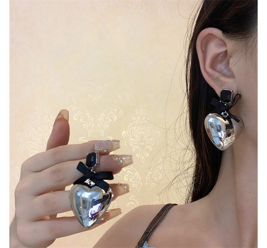 Earring Drop Rhinestone Heart Bow