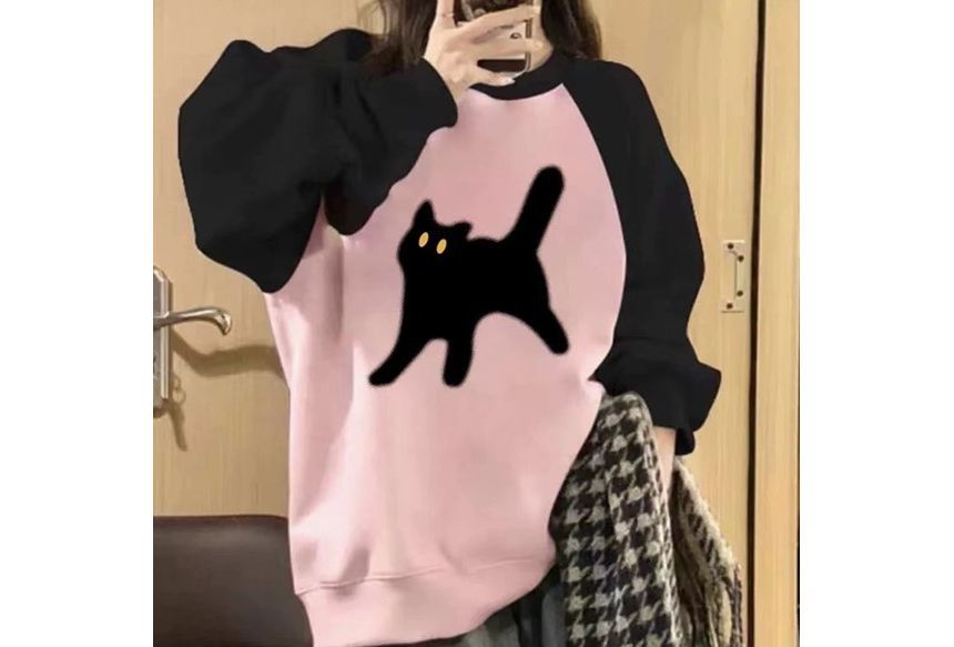 Crew Neck Cat Accent Raglan Sweatshirt