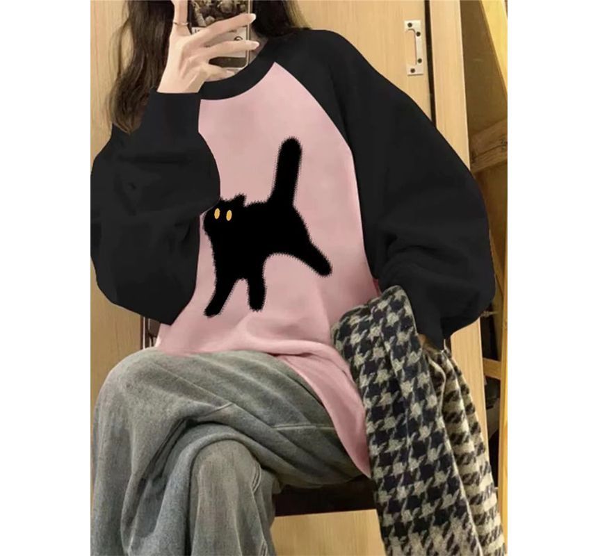 Crew Neck Cat Accent Raglan Sweatshirt