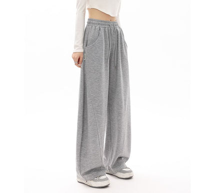 High Waist Plain Pocketed Drawstring Wide Leg Sweatpants