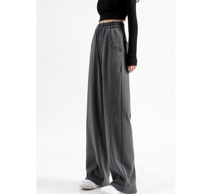 High Waist Plain Pocketed Drawstring Wide Leg Sweatpants