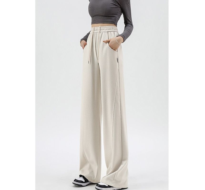 High Waist Plain Pocketed Drawstring Wide Leg Sweatpants