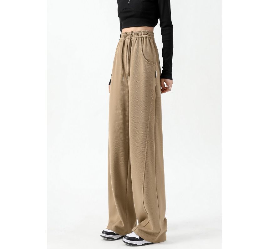 High Waist Plain Pocketed Drawstring Wide Leg Sweatpants