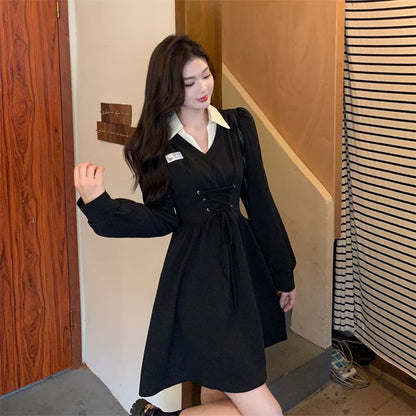 Collar Contrast Lace-Up Mock Dress A-Line Two-Piece Puff-Sleeve Mini
