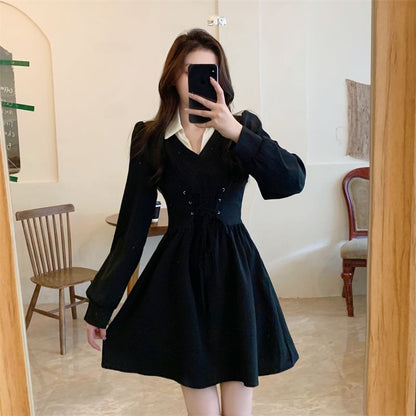Collar Contrast Lace-Up Mock Dress A-Line Two-Piece Puff-Sleeve Mini