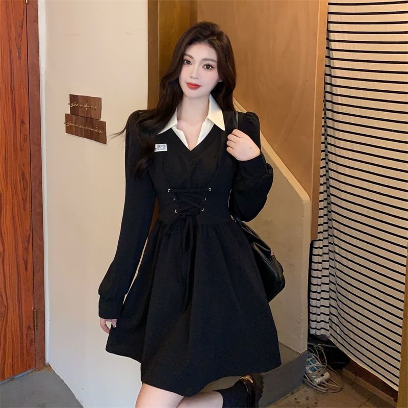 Collar Contrast Lace-Up Mock Dress A-Line Two-Piece Puff-Sleeve Mini