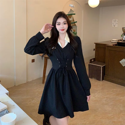 Collar Contrast Lace-Up Mock Dress A-Line Two-Piece Puff-Sleeve Mini